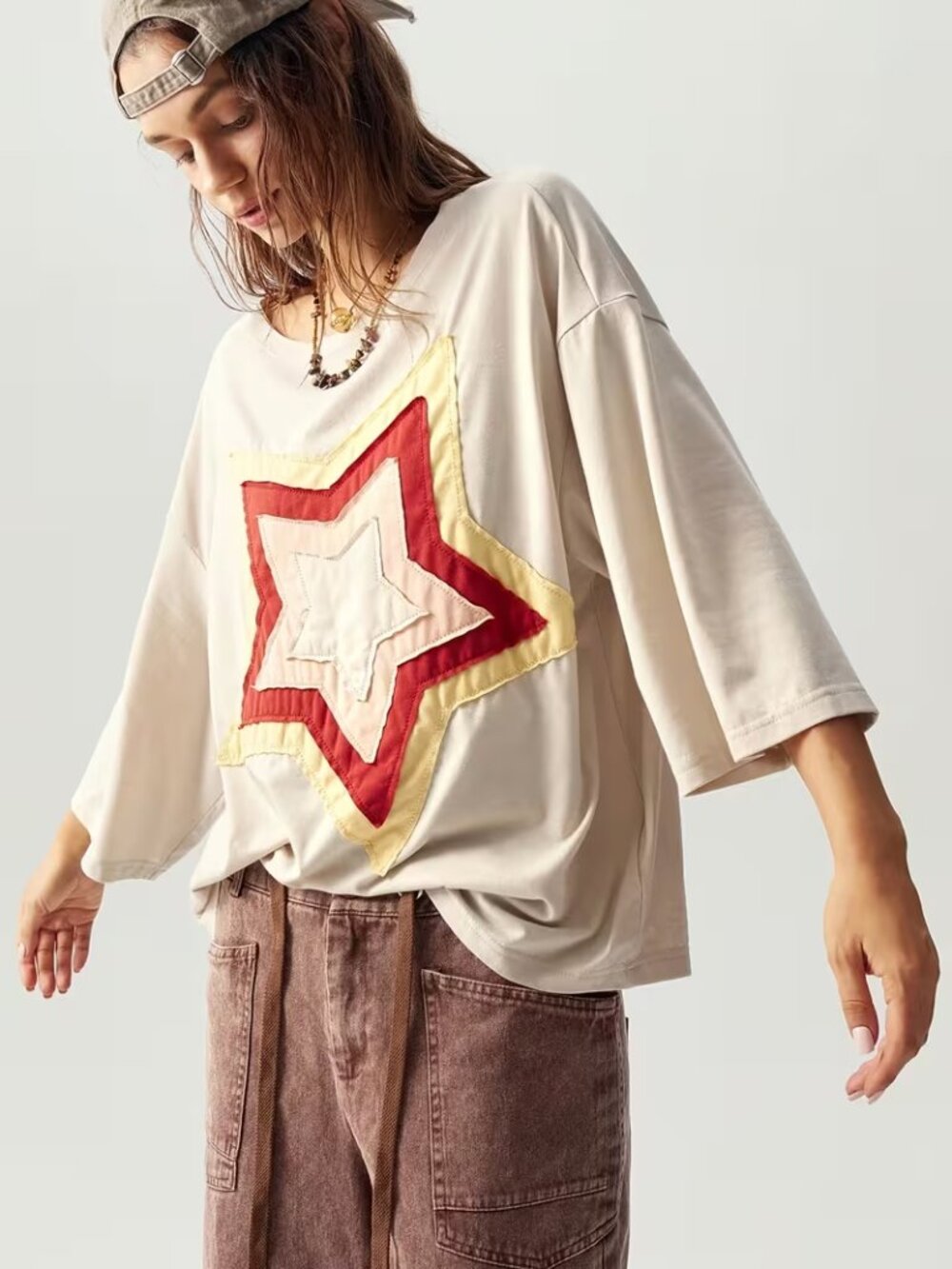 Multi-Layer Star Patch Round Neck T-Shirt